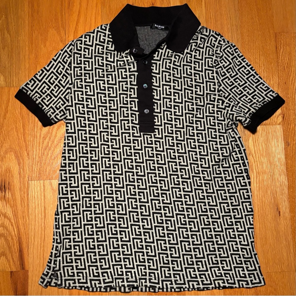 Balmain Black and White Geometric Polo Shirt